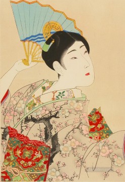  Bijin Oil Painting - Very Beautiful Women Shin Bijin a Japanese woman holding a fan Toyohara Chikanobu Japanese